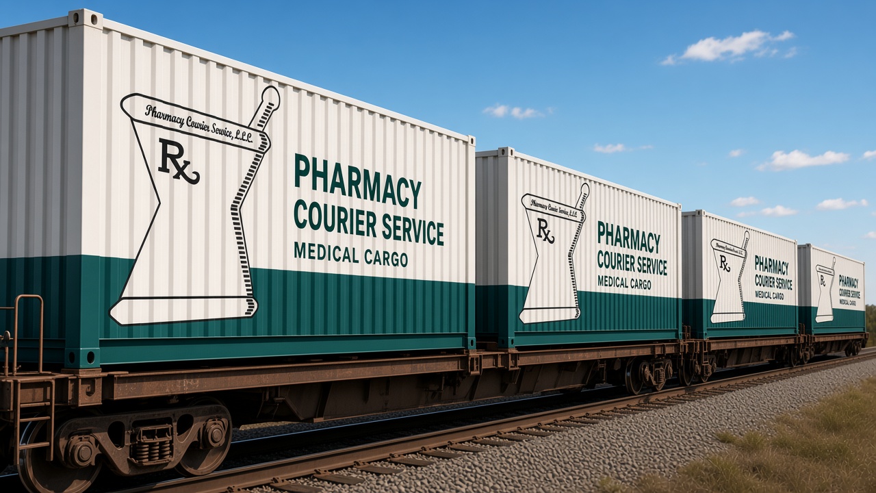 Pharmacy Courier Service branded shipping containers